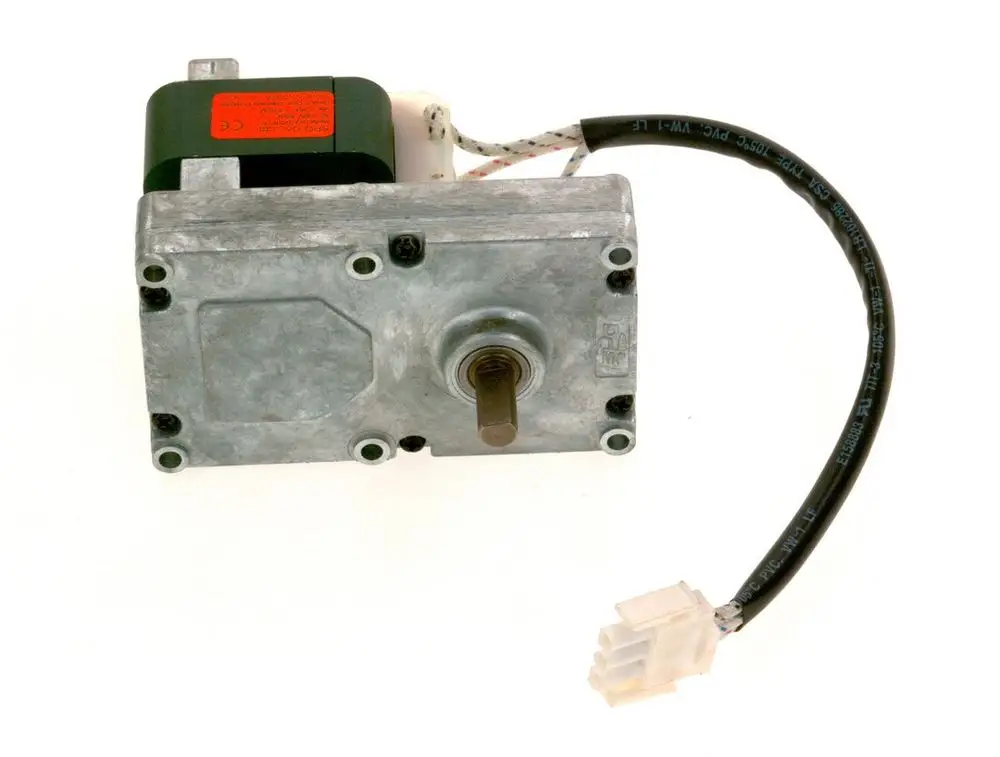 Bosch-Motor mit einer Metallgehäuse, einem drehbaren Wellenstumpf an der Vorderseite und einem Kabelanschluss auf der Seite.